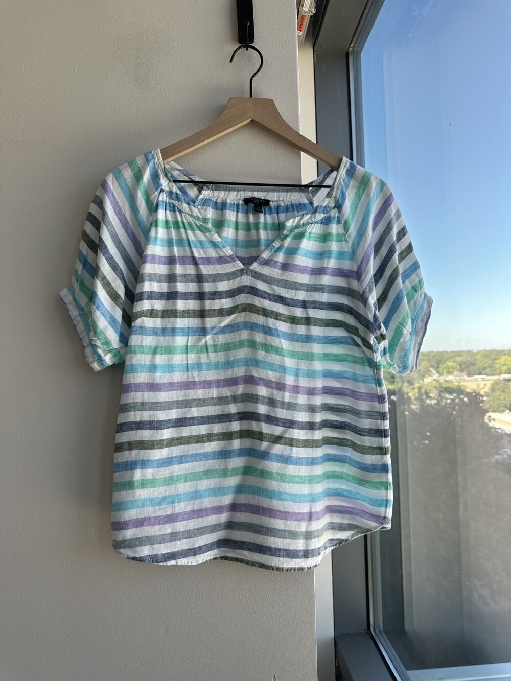 Talbots 100% Linen Rockport Stripe Notch Neck Popover Blouse Coastal SP